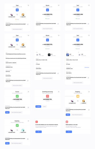 P2P Wallet / Transaction statuses (All modals) app interface blockchain crypto transactions crypto wallet cryptocurrency error messages fintech fintech ui minimal design mobile app modern ui solana swap interface transaction flow transaction history transaction status ui design user experience wallet ui web3 design