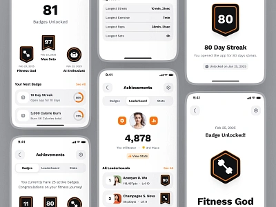 sandow UI Kit: AI Fitness & Diet App | Achievements & Badges UI achievement screen achivements achivements ui ai fitness app ai fitness coach ai fitness companion ai fitness ui badge ui bold clean fitness challenge ui fitness leaderboard fitness ui kit leaderboard leaderboard ui leaderboards minimal orange virtual fitness app virtual fitness coach
