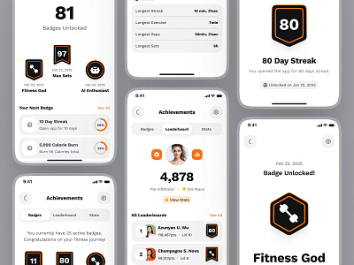 sandow UI Kit: AI Fitness & Diet App | Achievements & Badges UI achievement screen achivements achivements ui ai fitness app ai fitness coach ai fitness companion ai fitness ui badge ui bold clean fitness challenge ui fitness leaderboard fitness ui kit leaderboard leaderboard ui leaderboards minimal orange virtual fitness app virtual fitness coach