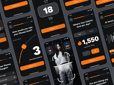 sandow UI Kit: AI Fitness & Diet App | Fitness Assessment UIUX ai fitness app ai fitness assessment ai fitness companion calorie ui dark mode fitness app fitness assessment fitness assessment screen fitness assessment ui fitness ui kit health assessment health assessment screen health assessment ui miinimal number slider ui onboarding screen onboarding ui orange scan ui slider ui