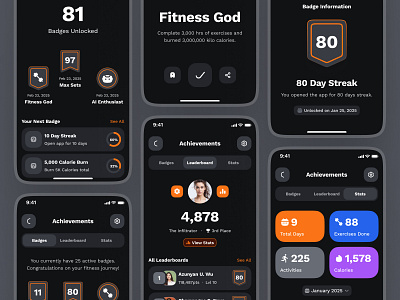 sandow: AI Fitness & Diet App | Achievements & Leaderboard UI achievement scren achievement ui achievements ui ai fitness app ai fitness chatbot ai fitness companion bold clean dark mode leaderboard leaderboard screen leaderboard ui leaderboard ui design minimal modern orange trophy ui virtual fitness app virtual fitness coach virtual fitness ui