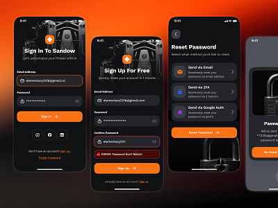 sandow UI Kit: AI Fitness & Diet App | Sign In/Sign Up Register ai fitness app ai fitness companion clean dark mode fitness ui kit gradient log in screen log in ui minimal modern orange register screen register ui sign in sign in screen sign in ui sign up sign up screen sign up ui virtual fitness app