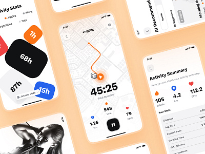 sandow UI Kit: AI Fitness & Diet App | Activity Tracker Monitor activity app activity screen activity tracker activity tracker app activity tracker ui activity ui ai fitness app bold fitness activity app fitness ui kit gps ui gym app jogging app map ui minimal modern orange running app virtual fitness app workout app