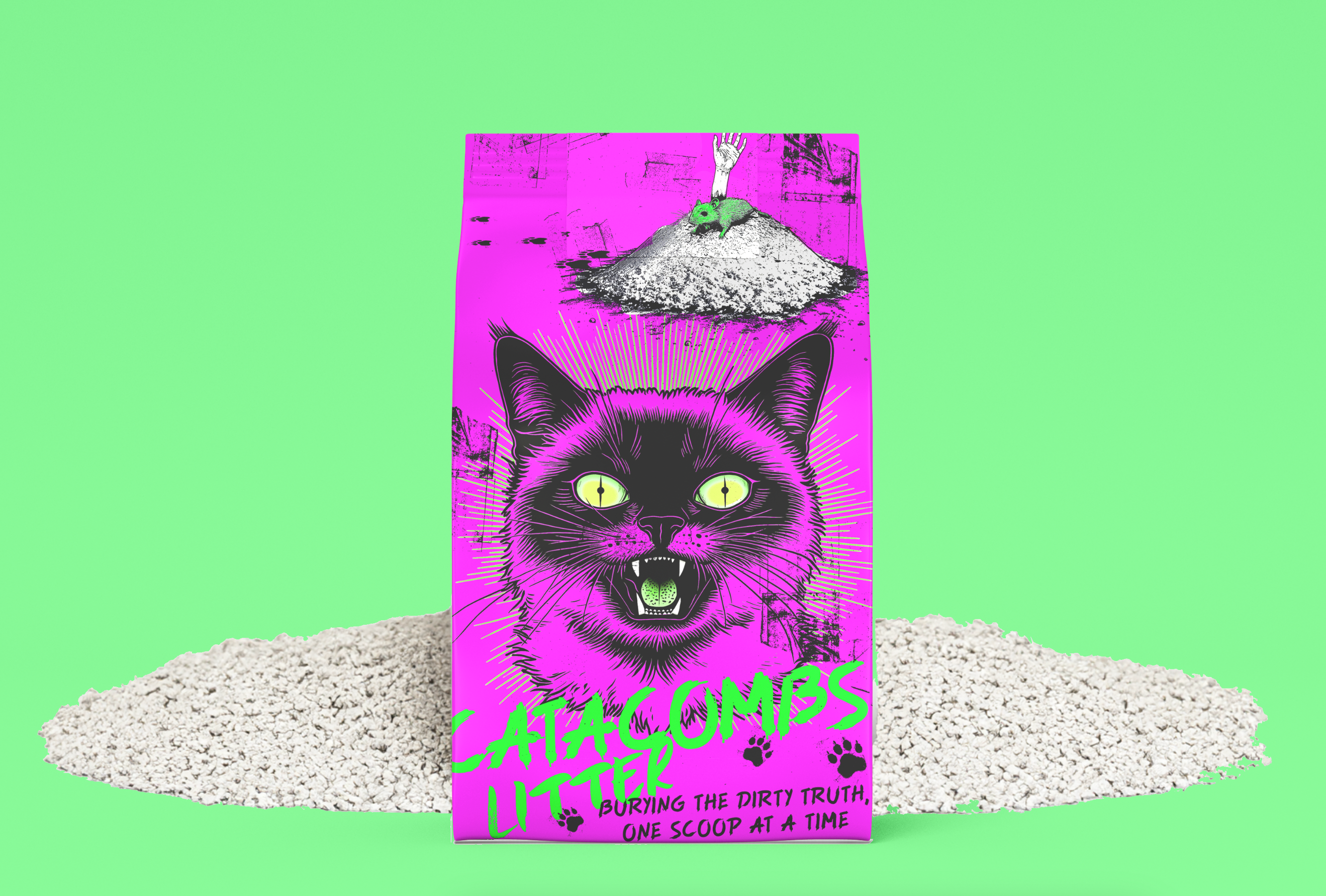 Catacombs Litter Branding cat illustration cat litter catacombs flat illustration hot pink packaging humor design packaging packaging design pet design pet marketing pet packaging pet products punk design punk packaging punk rock