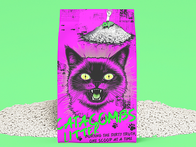 Catacombs Litter Branding cat illustration cat litter catacombs flat illustration hot pink packaging humor design packaging packaging design pet design pet marketing pet packaging pet products punk design punk packaging punk rock