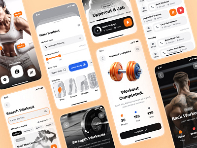 sandow UI Kit: AI Fitness & Diet App | Personalized Workout UIUX ai fitness app ai fitness coach app ai fitness companion app ai fitness trainer bold diet app figma ui kit fitness ui kit gym app minimal nutrition app orange virtual fitness virtual fitness app virtual fitness coach app virtual fitness ui workout app workout library workout library ui workout ui