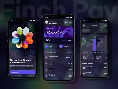 Finch Pay - Fintech Mobile App UI Design app clean credit card crypto dark ui digital banking digital wallet finance financial services fintech mobile app mobile app design mobile banking modern money management online banking payment app startup ui ux