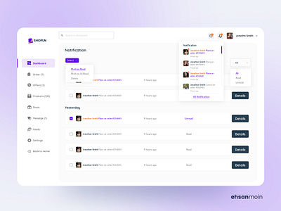 Shopln: Notification card clean creative dashboard list notification notification notification details notification page ui ux