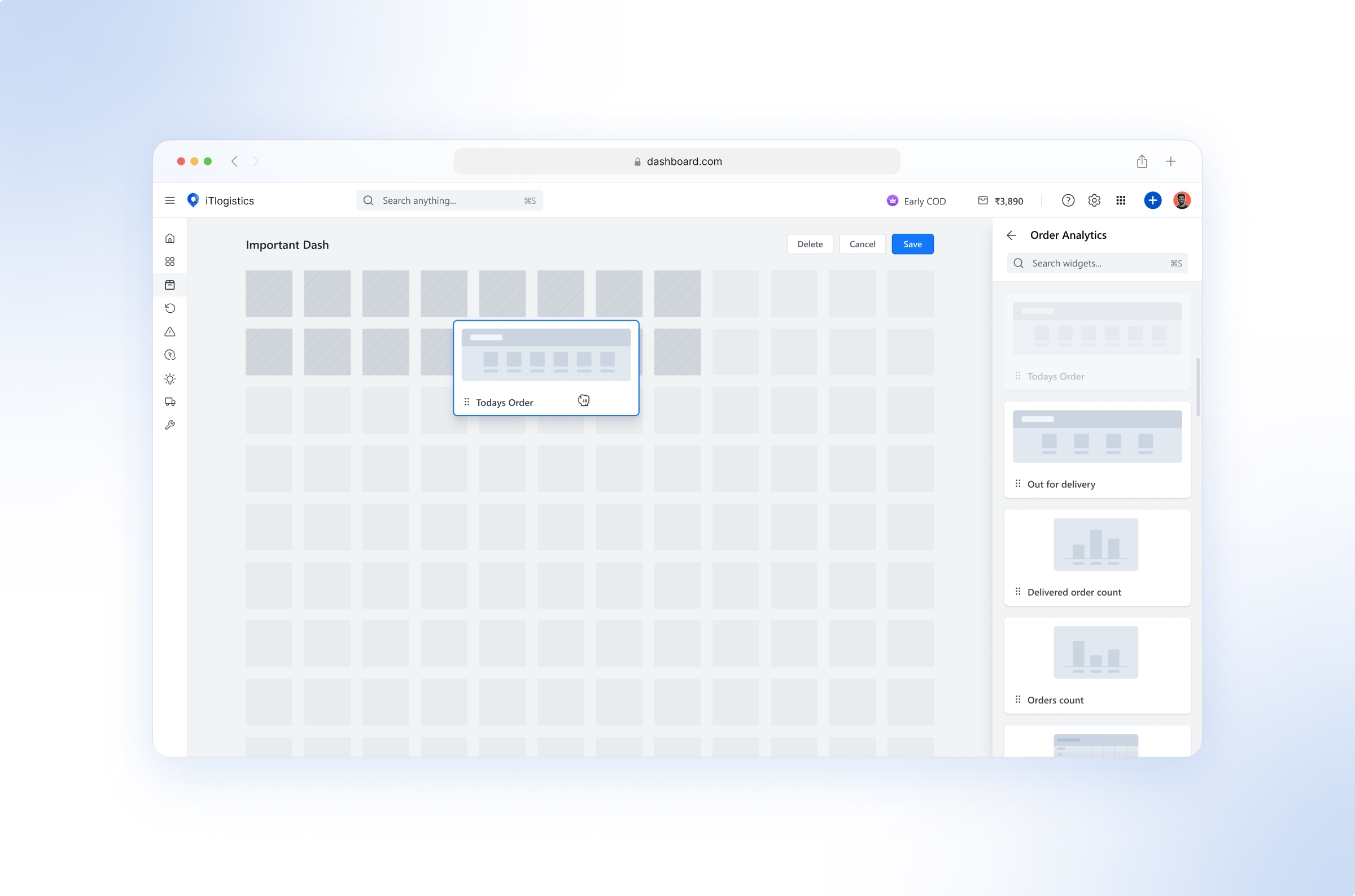 Drag & Drop Dashboard Creator admin panel customize dashboard dashboard builder dashboard creator design drag drop internal web app logistics product design saas ui ux