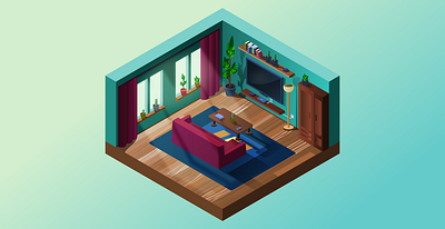 Isometric room - concept illustration 3d art concept art couch design flat flat design flat illustration furniture graphic design illustration inkscape isometric isometric illustration isometric room room tv vector illustration vivid colors