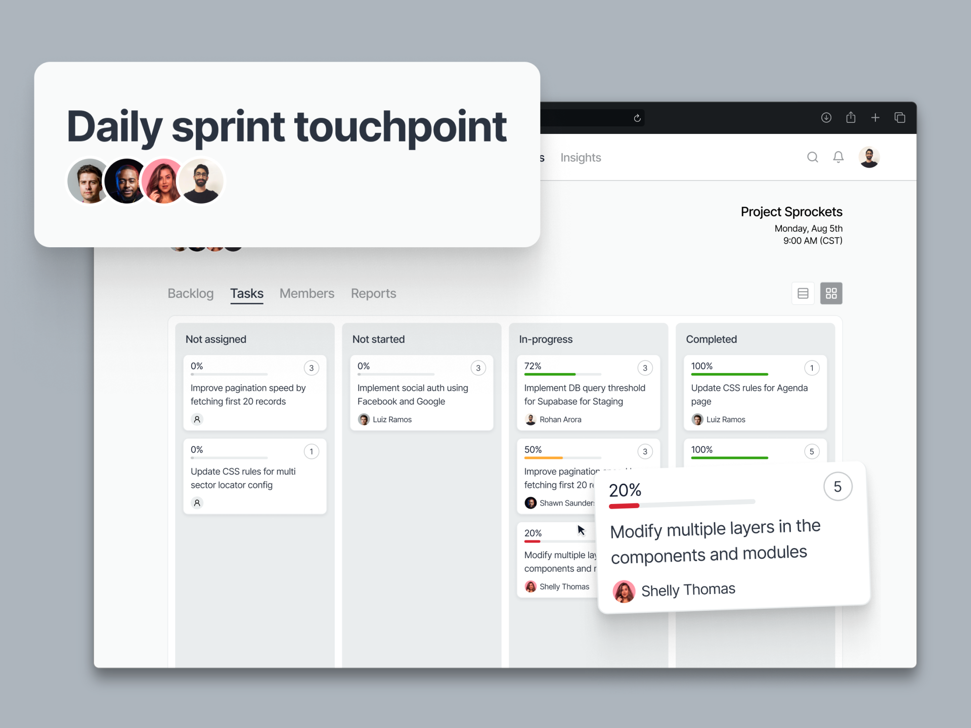 Sprint tasks - Kanban view with drag interaction agile b2b board clean clickup jira kanban list minimal modern monday product project management saas sprint task trello ui ux web app