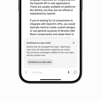 ChatGPT "continue in a new chat" concept for better organisation ai app design chatgpt ui ux
