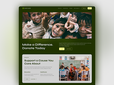 Donations landing page Dark Mode Web Design UI UX app landing page daily daily ui dark design donations framer green hero section kids landing page landing page design product design responsive design ui ui ux ui ux design ux web design website design