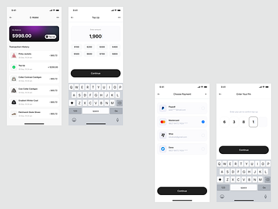 Maniro - Online shop Mobile UI Kit [E wallet top up] design template e wallet enter amount enter pin payment method top up transaction history