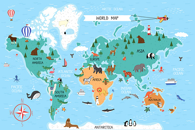 Fun Illustrated World Map airbnb map animal map cartoon map childrens map destination map editorial map educational map event map fun map illustrated map map map illustration mapping tourist map travel guide travel map vector vector map world map