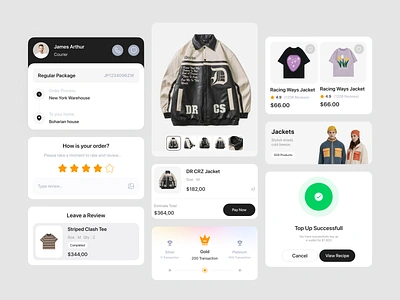 Maniro - Online shop Mobile UI Kit [ Cards and Components] add to cart design template leave a review member status membership order rating product card product category shipping courier successful pop up tracking package transaction successful ui components