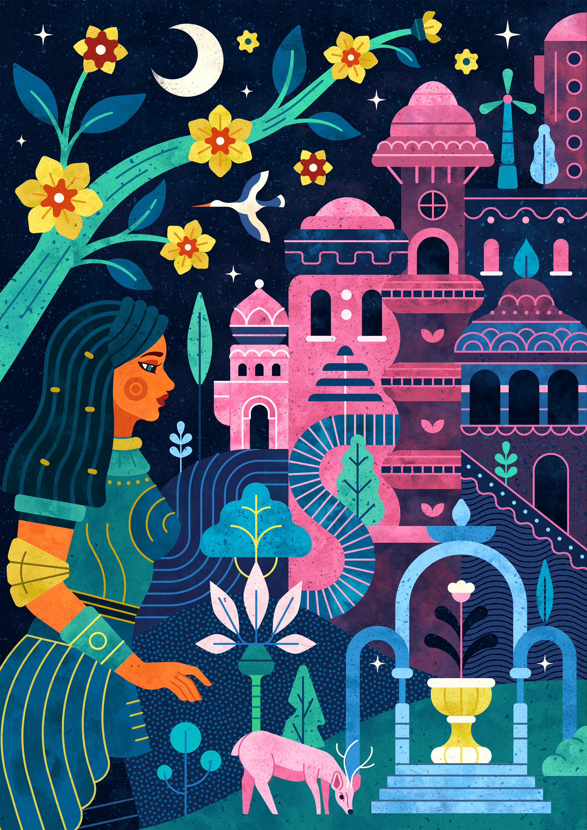 Solarpunk Town abstract adobe illustrator buildings conceptual deer design fantasy flowers futuristic geometric illustration nature pattern solarpunk sustainable texture trees vector woman