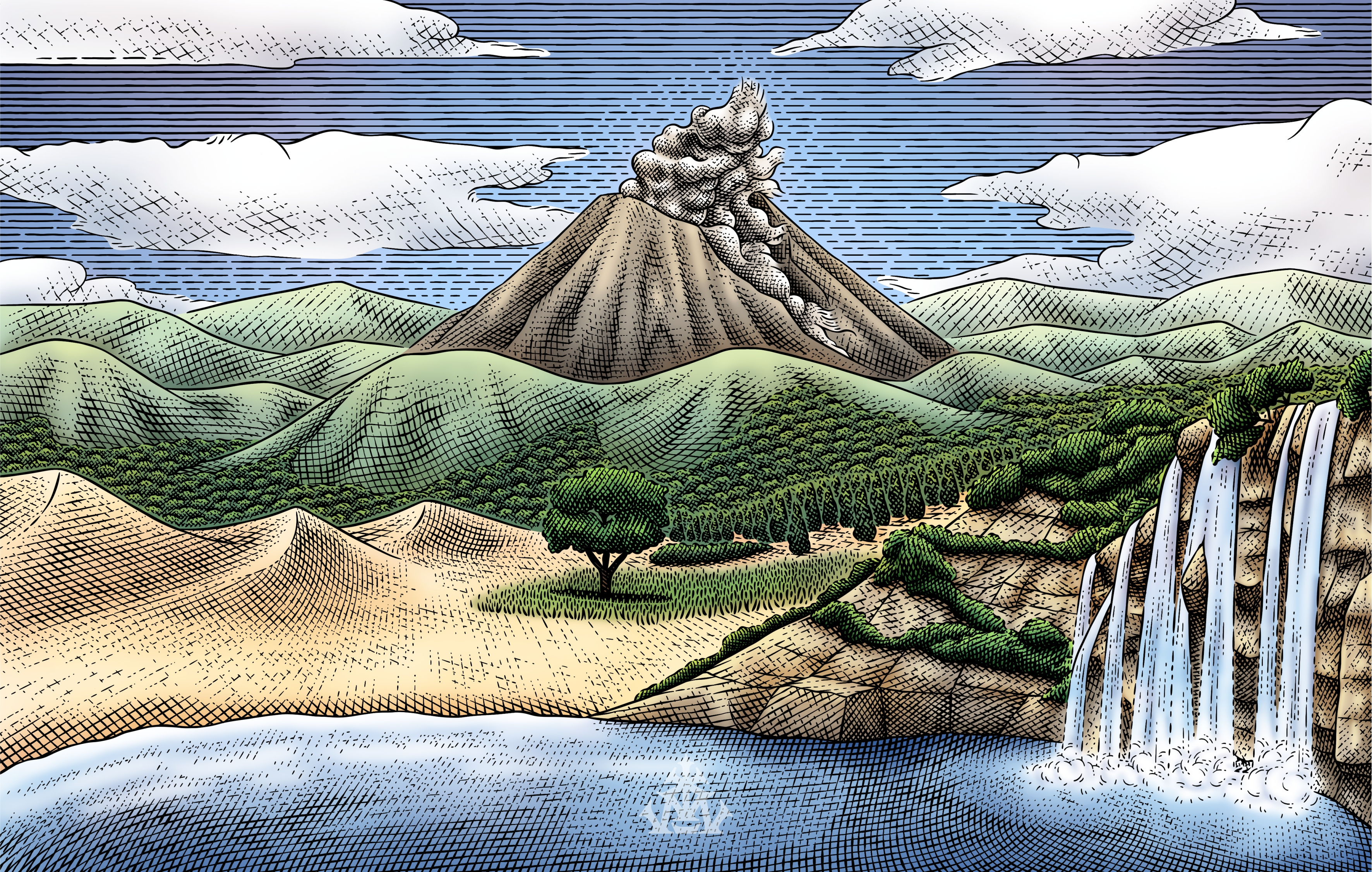 Small Warning beach card design engrave engraving environment etching forrest graphic design illustration landscape medieval money engraving mountain old school poster retro vintage volcano waterfall web design