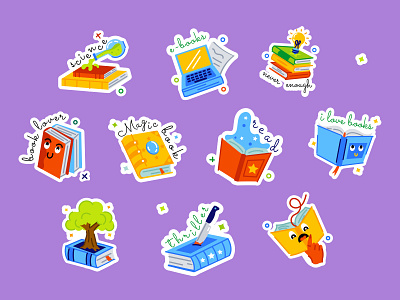 Library Stickers book nook book worm books bookshop bookstore branding colors design ebook education fiction illustrator library stickers novel read reading sticker sticker pack typography vector