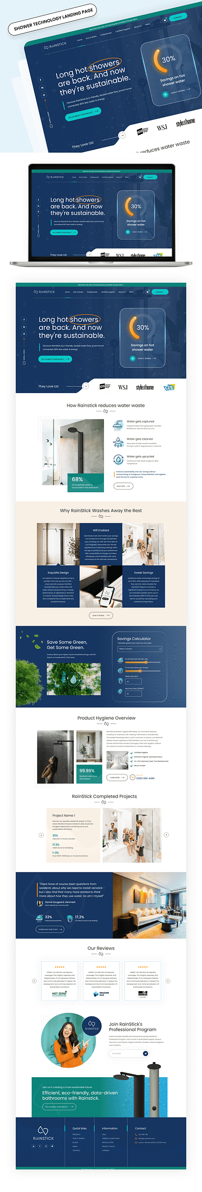 Shower technology landing page bacteria clean creative design ecommerce hygenic landing page product rainstick save sensor seo shower technology ui uiux user interface water web website
