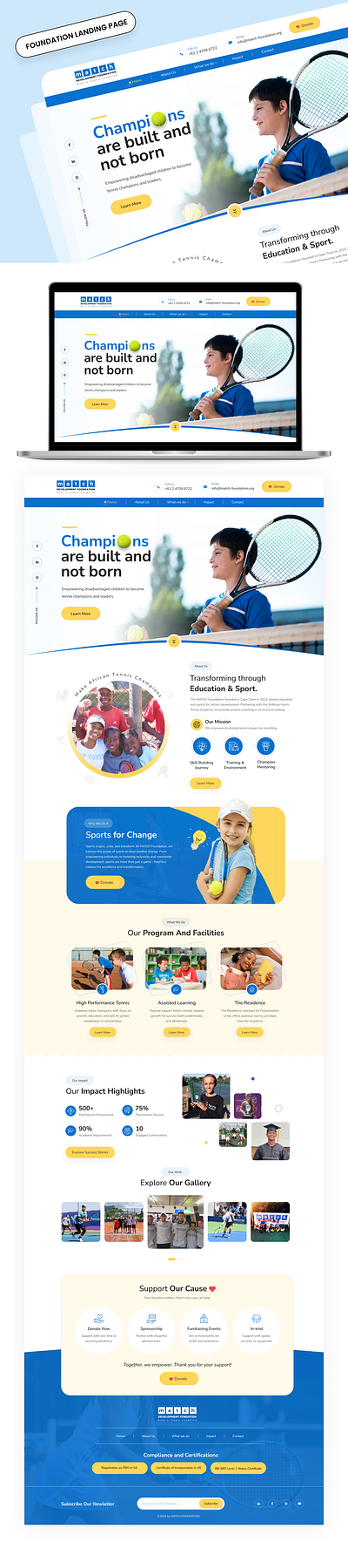 Foundation landing page academy champions charity creative design donate education kids landing page mentor organization poverty sports tennis training ui uiux user interface web website