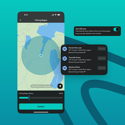 Auto Discover: Gamified Connections for Local Anglers app design design inspiration discover dribbble dribbble shots fishing fishing app gamification ios list mobile app outdoors app product design slider social app toggle ui user experience ux