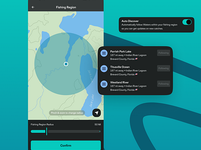 Auto Discover: Gamified Connections for Local Anglers app design design inspiration discover dribbble dribbble shots fishing fishing app gamification ios list mobile app outdoors app product design slider social app toggle ui user experience ux