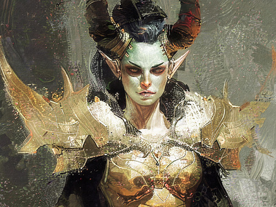 Is human nature inherently good or evil? armor concept cover details digital dnd face fantasy game golden good or evil horns legend plate portrait print quality succubus woman