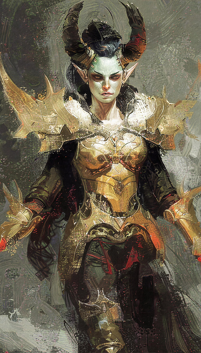 Is human nature inherently good or evil? armor concept cover details digital dnd face fantasy game golden good or evil horns legend plate portrait print quality succubus woman