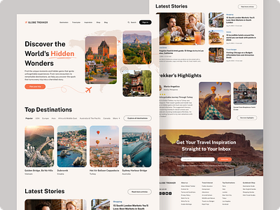 Globe Trekker - Travel Guide Website Design ✈ 🧳 black figma figma website design footer header hero section design minimal mobile website design newsletter orange responsive website design testimonials travel travel website design ui design uiux design unique website design uxui design website design wireframe design