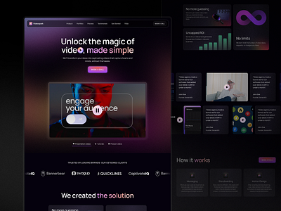 Videospark - Website design for video production agency bento carousel clean dark dark mode design illustration minimal pricing testimonials ui video video agency video preview web design website