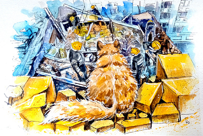 Original Watercolor Painting, Ukrainian Cat and War, Ukraine Art art cat hand painted handmade paint painting ukraine war