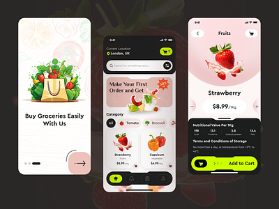 Grocery Delivery - Mobile App Design app design branding clean daily needs ecommerce food food delivery app grocery delivery app grocery app grocery store market minimal mobile app products store supermarket ui design uiux user interface vegetables