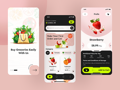 Grocery Delivery - Mobile App Design app design branding clean daily needs ecommerce food food delivery app grocery delivery app grocery app grocery store market minimal mobile app products store supermarket ui design uiux user interface vegetables