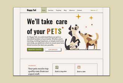 Hero section for Pet's Care Service dogs care service dogs illustation for web site hero section home section minimal desing pets care service platform for service for dogs owner shot study shot ui design