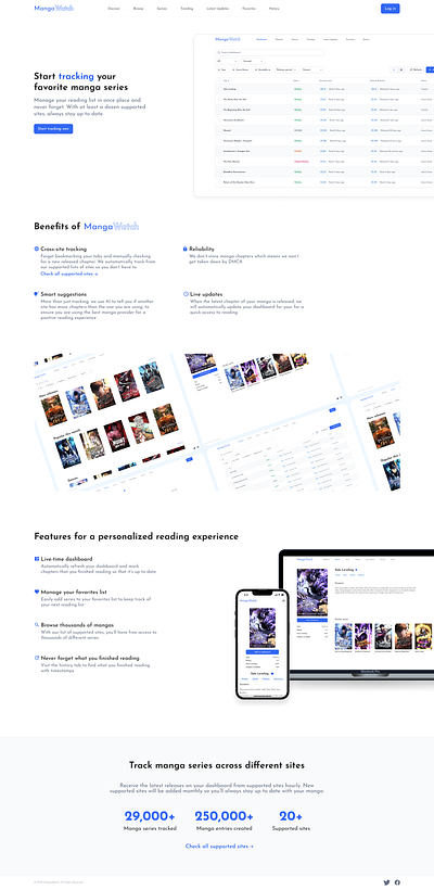 A mock screen of a cross-site manga series tracker app design product design ui web website