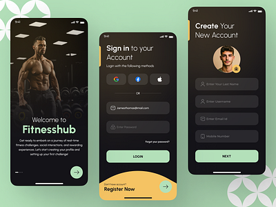 Fitness Hub app design fitness fitness app fitness app design gym gym app gym app design login design login page modern colors modern design modern theme onboarding thisuix trending design welcome screen design