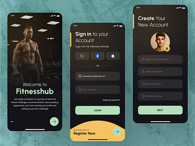 Fitness Hub app design fitness fitness app fitness app design gym gym app gym app design login design login page modern colors modern design modern theme onboarding thisuix trending design welcome screen design