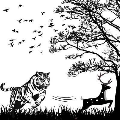 Tiger Chasing Deer Gallery Wrapped Canvas - Square For Sell advertising canvas chasing deer digital art digital drawing forest theme graphic design illustration tiger tree wall art wall poster