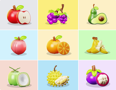 Fresh Fruit 3D Assets 3d apple banana blender coconut durian fresh fruit juice orange