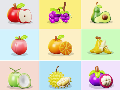 Fresh Fruit 3D Assets 3d apple banana blender coconut durian fresh fruit juice orange