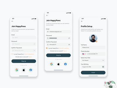Sign Up Page Design - HappyPaws pet adoption app pet app sign up page sign up page design ui ui design uiux uiux design ux design