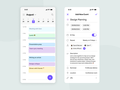 Mobile Calendar App - UX/UI Design app design application design calendar app figma graphic design minimalistic design mobile app modern design productivity app screens ui ui design user experience user interface user interface design ux and ui ux design uxui uxui design