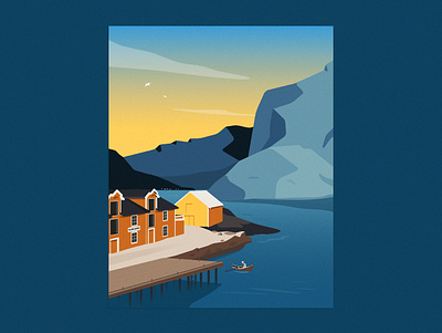 Lofoten architecture boat buildings design graphic design illustration landscape light lofoten minimalism moutains nature norway ocean poster print simplicity travel vector