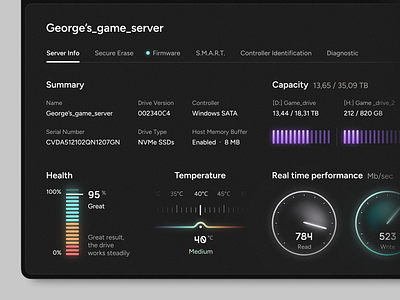 Server monitoring app | Drive management dashboard analysis analytics bar chart chart dark dashboard disk management drive gaming glowing graph management monitoring app neon overview performance server system tabs ui design