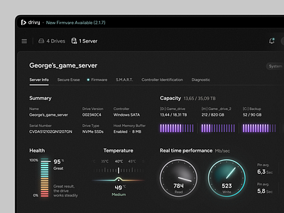 Server monitoring app | Drive management dashboard analysis analytics bar chart chart dark dashboard disk management drive gaming glowing graph management monitoring app neon overview performance server system tabs ui design