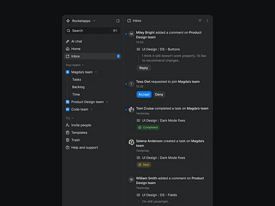 Saas Navigation - Inbox Panel alert dark mode inbox notifications notifications center product design saas saas navigation side panel tasks ui design