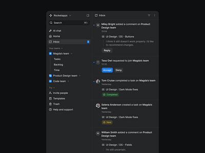 Saas Navigation - Inbox Panel alert dark mode inbox notifications notifications center product design saas saas navigation side panel tasks ui design