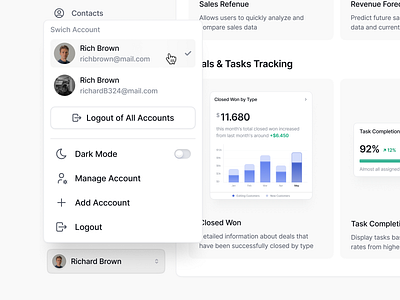 Profile Popup Concept account dropdown account management clean crm dashboard design dropdown ui manage account menu minimalist modal popup popup menu product design profile dropdown saas dashboard ui user dropdown ux workspace dropdown