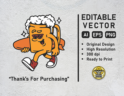 BEER SURFING CARTOON CHARACTER VECTOR ILLUSTRATION 3d adventure animation badge beer branding design graphic design handdrawn illustration logo motion graphics retro summer surf ui vintage